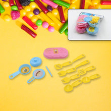 Colorful plastic kitchen play set for children with various utensils and basket.