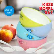 Fun cartoon bowls for kids with matching spoons, 4 pieces