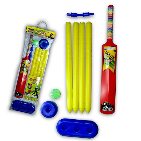 Plastic cricket set with bat, ball, and stumps