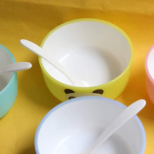 Cartoon bowl set with colorful spoons, ideal for kids