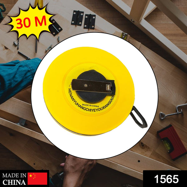 Durable 30-meter measuring tape for construction use.