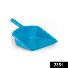 Durable plastic dustpan with handle, ideal for various surfaces.