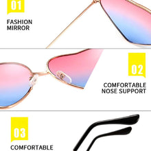 Multi-color heart sunglasses with reflective metal lenses.