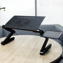 Portable and adjustable laptop desk with built-in fans, foldable for easy storage.