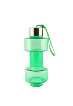 Portable dumbbell-shaped water bottle with a steel cap for fitness and hydration.