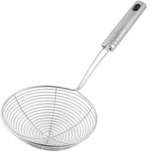 Stainless steel deep fry strainer for kitchen use.